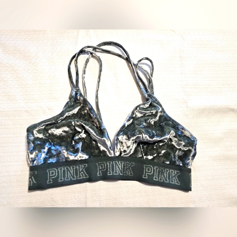 Victoria's Secret Pink Unlined Velvet Green Bra Cross Back Straps Size Small